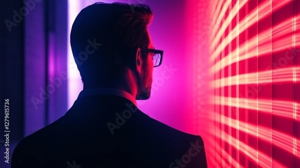 Obraz A man in a suit is looking at a wall with a red and purple background