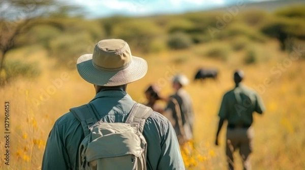 Fototapeta Safari Guide Leading Tourists, African Savanna