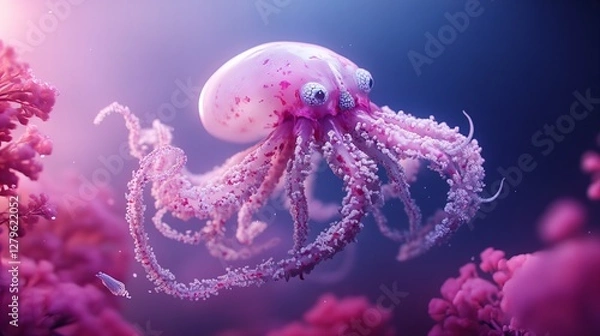Fototapeta Pink octopus in a vibrant underwater scene.  Surrounded by pink coral, it glows with ethereal beauty.