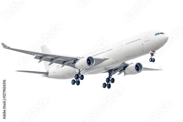 Fototapeta White airplane on white background shows its landing gear. The aircraft is ready to touch down on the runway after a smooth flight. Wheels are down!