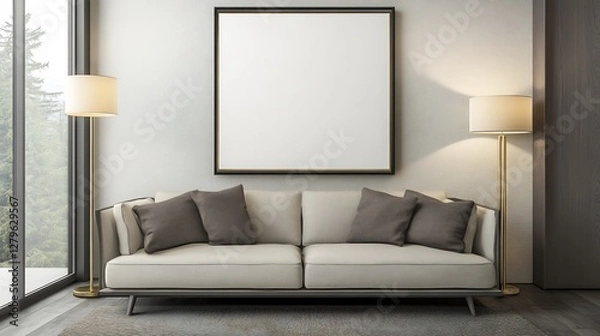 Fototapeta Contemporary living space featuring framed ISO A size art print above a modern sofa complemented by elegant floor lamps and soft lighting