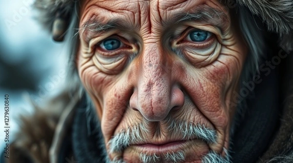 Fototapeta Close-up of an elderly Eskimo man with a weathered face and serene expression