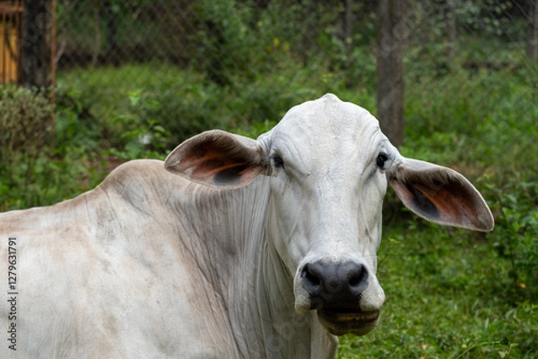 Fototapeta Nelore cow ruminating and lying down in the pasture