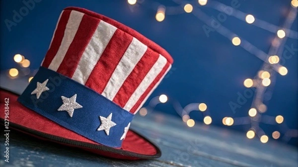 Fototapeta Close-up of an Uncle Sam hat with rich fabric textures, slightly tilted angle, deep blue background with soft bokeh lights, sharp details, bold and iconic composition