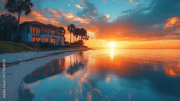 Fototapeta At sunset, a stunning beachfront home in Saint Pete Beach, Florida, lies on the water. It is surrounded by palm trees.