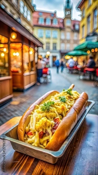 Obraz Street-style hot dog in a paper tray, loaded with sauerkraut and spicy mustard, vendor cart in the blurred background, urban setting, vibrant and realistic textures, dynamic lighting