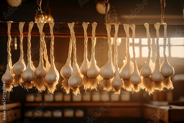 Fototapeta Garlic Bulbs Hanging: A rustic display of pungent, fresh garlic bulbs suspended by woven twine, illuminated by soft, warm light.