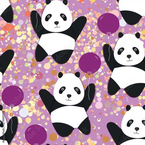Obraz Seamless pattern with cute panda baby on color background. Funny asian animals. Card, postcards for kids. Flat vector illustration for fabric, textile, wallpaper, poster, gift wrapping paper.