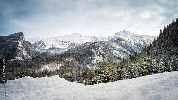 Fototapeta Tatra Mountains, Poland. View of Giewont. Panorama of a mountain landscape. Winter in the mountains