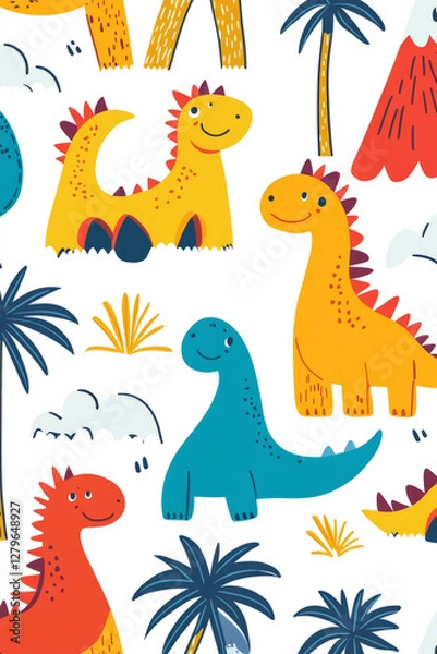 Fototapeta A fun and engaging pattern featuring colorful dinosaurs with friendly expressions, playfully scattered among palm trees and volcanoes. The bold outlines and bright hues make it a perfect design for