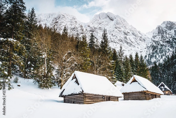 Fototapeta Tatra Mountains, Poland. View of Giewont from Polana Strążyska. Panorama of a mountain landscape. Winter in the mountains
