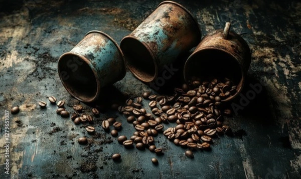 Fototapeta Artistic composition of spilled coffee beans and vintage cups on a dark textured surface, warm light emphasizing rustic and cozy details, perfect for culinary themes,