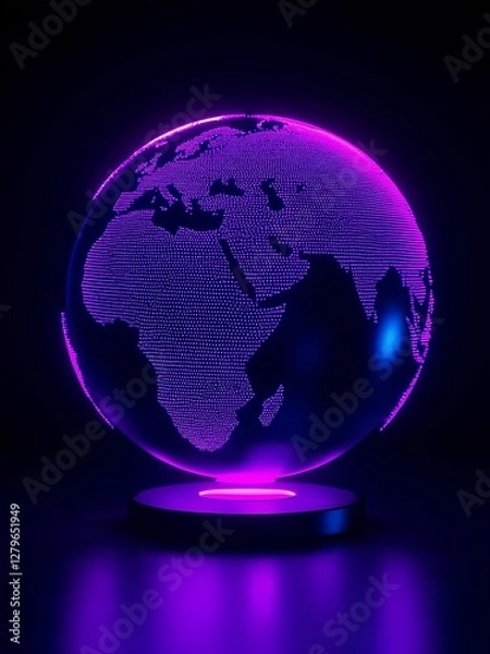 Fototapeta Digital globe representation illuminated with vibrant colors, showcasing continents and dots against a dark background