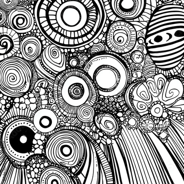 Fototapeta Intricate hand-drawn mandala pattern, abstract geometric doodles, flowing lines and circles, black ink on white paper, spontaneous sketching style, zen meditation inspired