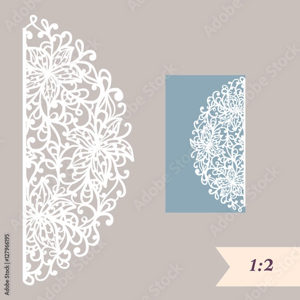 Fototapeta Wedding invitation or greeting card with abstract ornament. Vector envelope template for laser cutting. Paper cut card with silhouette. Cutout silhouette panel. Cutting file