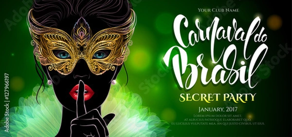 Fototapeta Vector Illustration. Carnival in Rio. A mysterious lady in carnival mask put a finger on lips in a hush gesture. Beautiful concept design for greeting card, party invitation, banner or flyer.