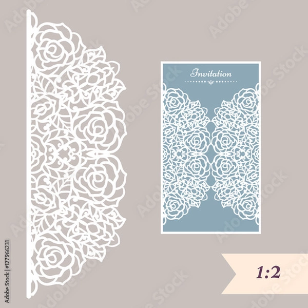 Fototapeta Wedding invitation or greeting card with abstract ornament. Vector envelope template for laser cutting. Paper cut card with silhouette. Cutout silhouette panel. Cutting file