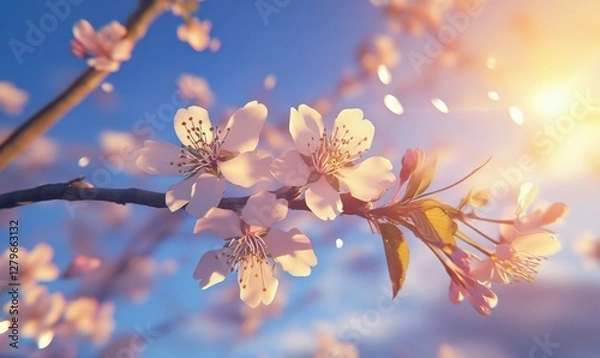 Fototapeta Delicate cherry blossoms blooming against a bright blue sky, soft natural light emphasizing their intricate petals and vibrant spring tones