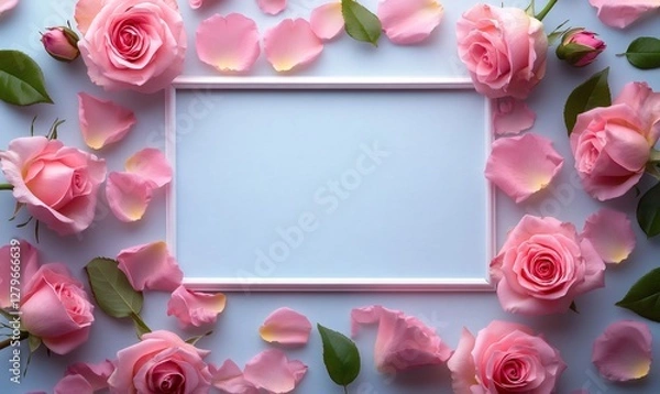 Fototapeta Beautiful pink roses and petals surrounding a white frame on a pastel blue background, creating a romantic and elegant setting