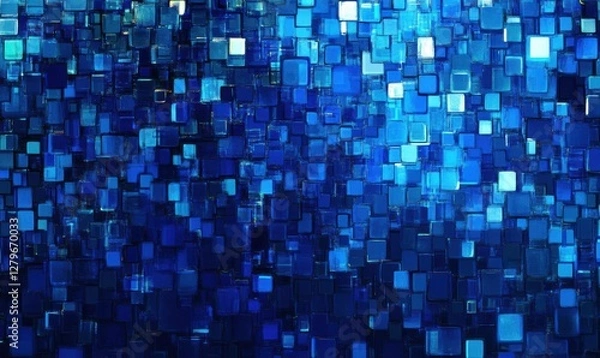 Fototapeta Glowing digital cube patterns in shades of blue, symbolizing futuristic technology and innovation.