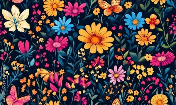 Fototapeta Vibrant seamless pattern featuring colorful butterflies and flowers on a dark background, creating a cheerful and lively design
