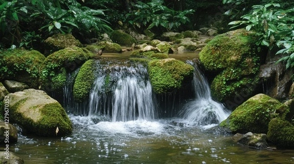 Fototapeta A small waterfall cascading over moss-covered rocks, hidden deep within Monserrate Park.