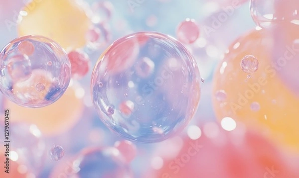 Fototapeta Glowing translucent bubbles reflecting soft pastel hues of pink, blue, and yellow, floating gracefully against a blurred background, creating a playful visual,