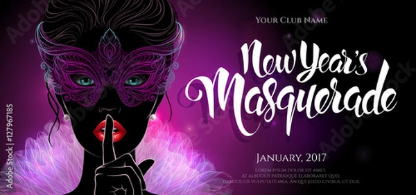 Fototapeta A mysterious lady in carnival mask put a finger on lips in a hush gesture. Beautiful concept design with hand drawn New Year lettering for greeting card, party invitation banner or flyer.