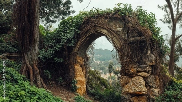 Fototapeta An ancient stone arch covered in climbing vines, leading to a hidden corner of Monserrate Park.