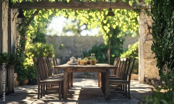 Fototapeta Rustic outdoor dining area with a wooden table and mismatched chairs, soft dappled sunlight filtering through leaves, creating a charming rural vibe,