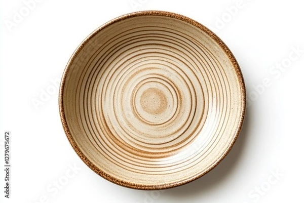 Fototapeta Handcrafted beige ceramic dish with sandy texture top view on white background
