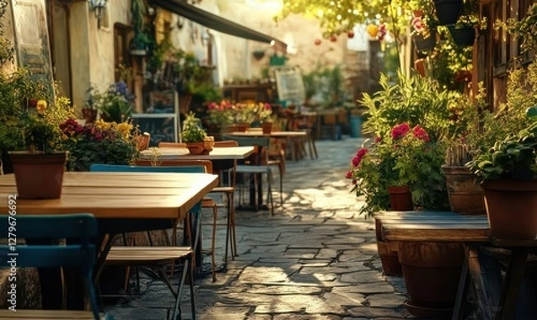 Fototapeta Vibrant outdoor cafe scene with colorful potted plants and rustic wooden tables, soft golden light creating a warm and inviting atmosphere, evoking charm,