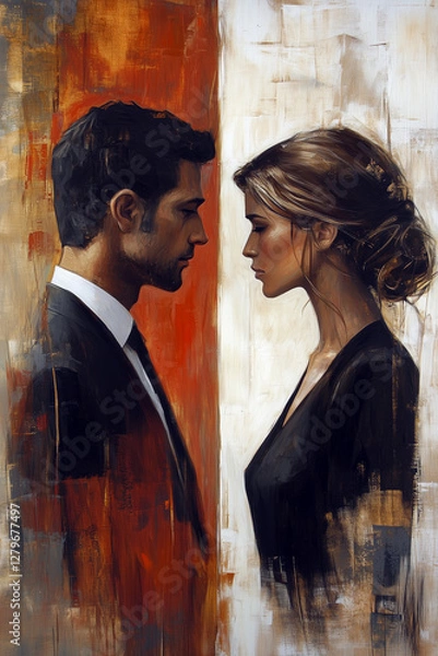 Fototapeta Abstract Portrait of a Couple in Formal Attire Facing Each Other with Red and White Background