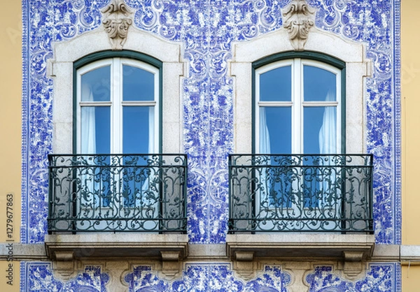 Obraz Traditional Portuguese building facade with azulejo tiles, balcony, and vibrant colors.