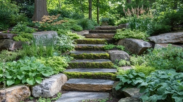 Fototapeta The interplay of moss, stone, and fresh leaves forming a lush, textural nature background in a shaded garden