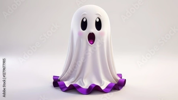 Obraz A ghostly figure with purple and white stripes is standing on a white background. The ghost has a surprised expression on its face
