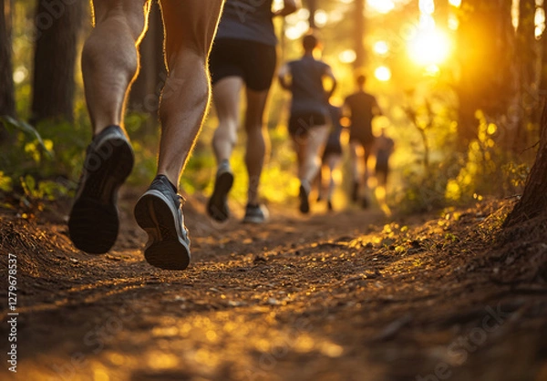 Obraz Close-up of athletic legs running on a forest trail during a vibrant sunset