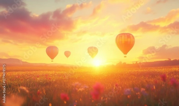 Fototapeta Scenic view of a vast field with colorful hot air balloons rising against a golden sunset, vibrant red and orange tones blending beautifully with soft pastel blues,