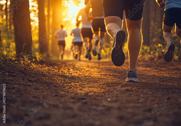 Fototapeta Close-up of athletic legs running on a forest trail during a vibrant sunset