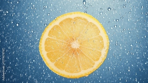Obraz Lemon slice floating in effervescent water, bursting with bubbles, capturing summer's crisp, refreshing energy and hydrating appeal