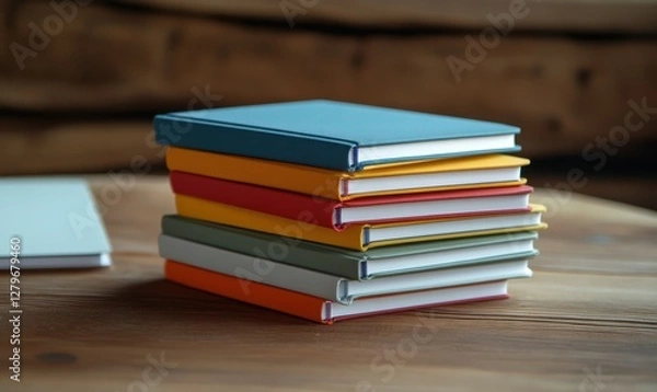 Fototapeta Set of colorful notebooks stacked neatly on a wooden desk, symbolizing organization and creativity.