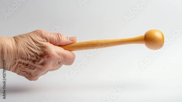 Fototapeta Elderly hand gripping a wooden tool against a plain background, showcasing dexterity and strength