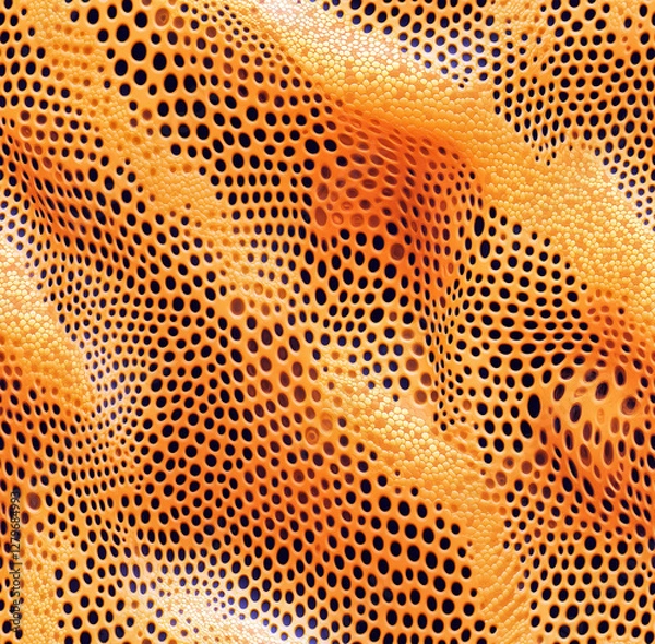 Obraz Abstract 3D halftone seamless pattern with fluid orange and black perforated texture, futuristic organic design