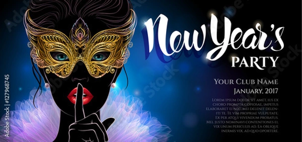 Fototapeta Vector Illustration. A mysterious lady in golden carnival mask put a finger on lips in a hush gesture. Concept design with hand drawn New Year lettering for greeting card, invitation, banner or flyer.