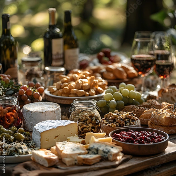 Fototapeta Delicious bastille day picnic feasting in the park with wine, cheese, and grapes
