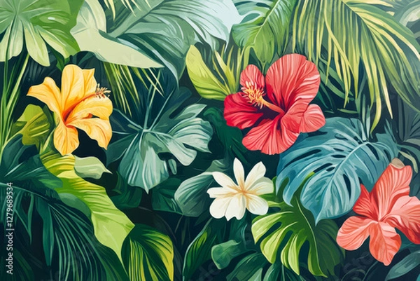 Fototapeta A vibrant illustration of tropical plants and flowers, with lush green leaves and colorful blooms, gently swaying in a light breeze, creating a peaceful and fresh natural atmosphere.