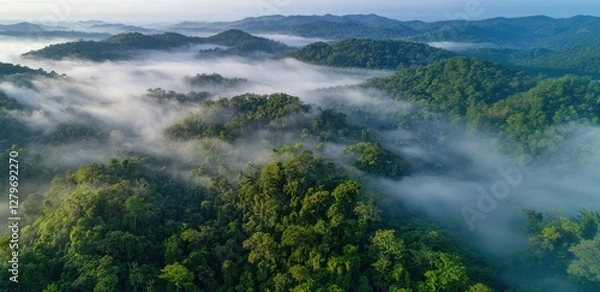 Fototapeta Lush rainforest landscape shrouded in mist at dawn with rolling hills and dense greenery