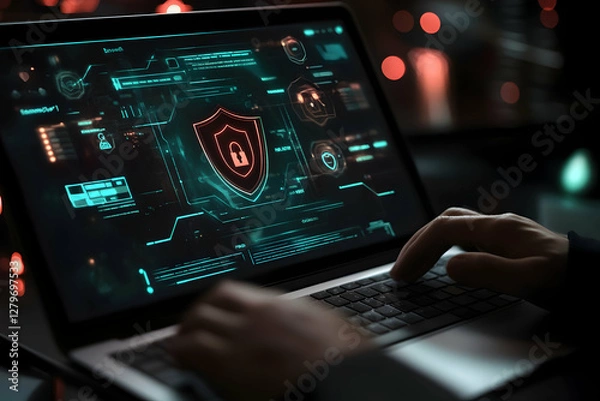 Fototapeta Cybersecurity professional works on a laptop to protect sensitive data with advanced encryption and firewall technology in a secure environment
