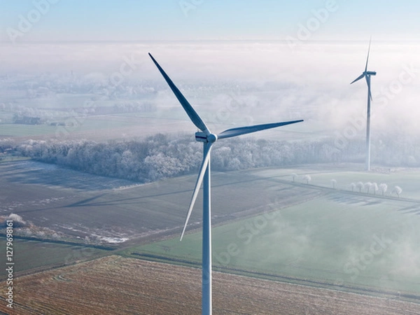 Fototapeta Aerial view of a wind turbine in a winter landscape with sun and deep fog over the fields, wind energy, renewable energies, energy transition, climate protection