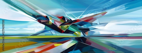 Fototapeta An abstract depiction of a plane taking off or landing on a runway, showcasing geometric forms and a colorful sky.